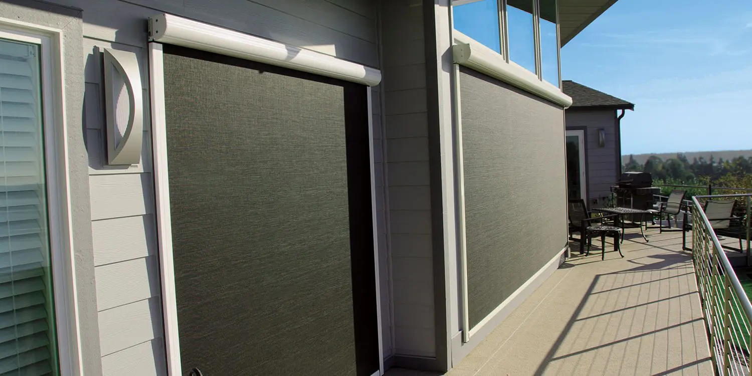 Two gray roller blinds covering windows in a modern space.